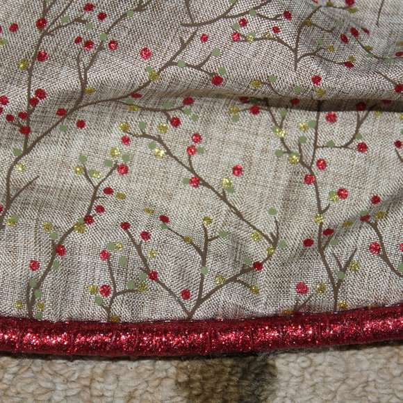 Tan With Red Holly Berry Branches 52 in Tree Skirt With Matching Bows - Picture 8 of 10